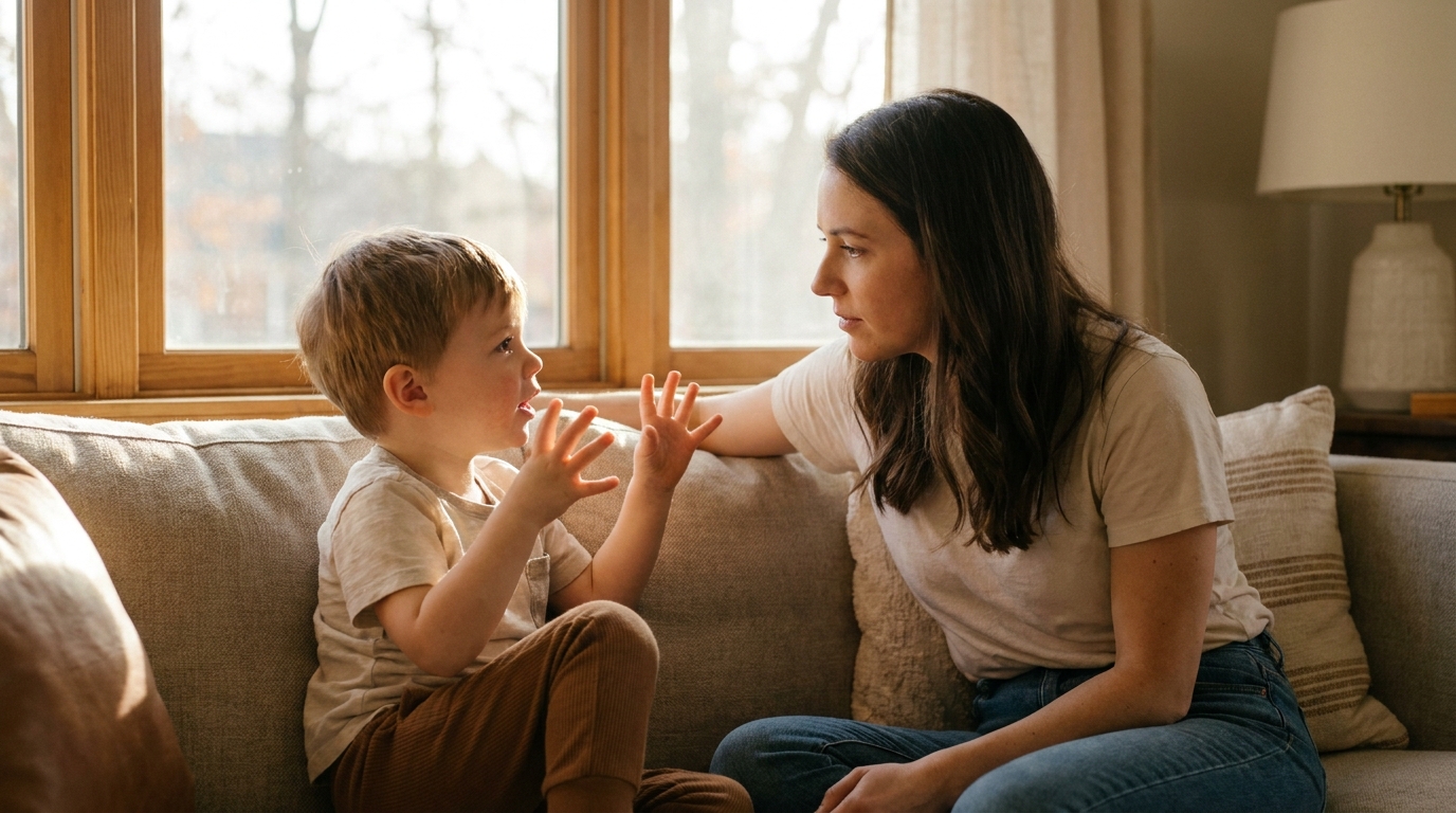 Madre escuchando con calma a su hijo pequeño mientras le habla en el sofá de casa