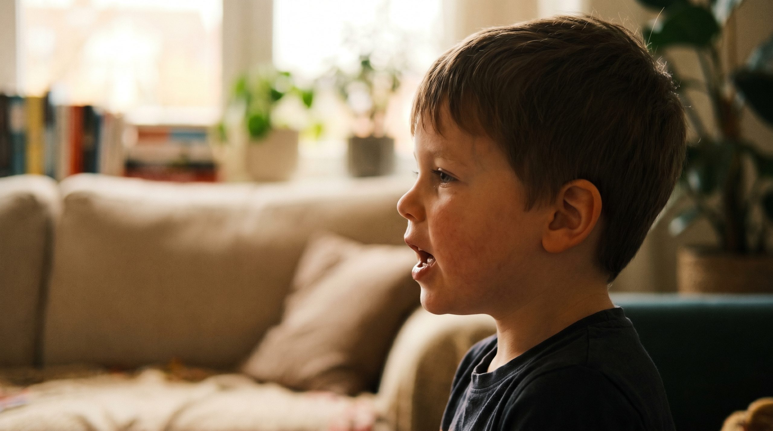 Niño pequeño hablando con expresión de esfuerzo